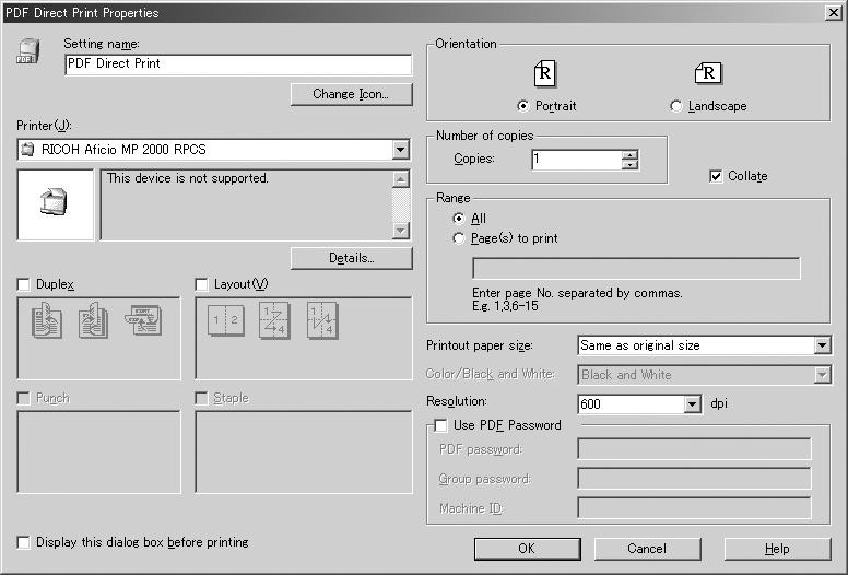 Other Print Operations PDF Direct Print Properties 3 ASC005S 1. Setting name: Displays the plug-in configuration name (up to 63 single byte characters) 2. Change Icon.