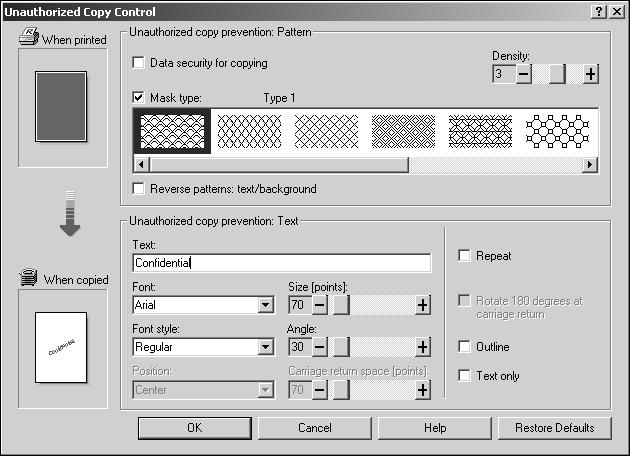 Other Print Operations Using [Mask type:] You can embed patterns and text in a document by setting in the printer driver to prevent unauthorized copying.
