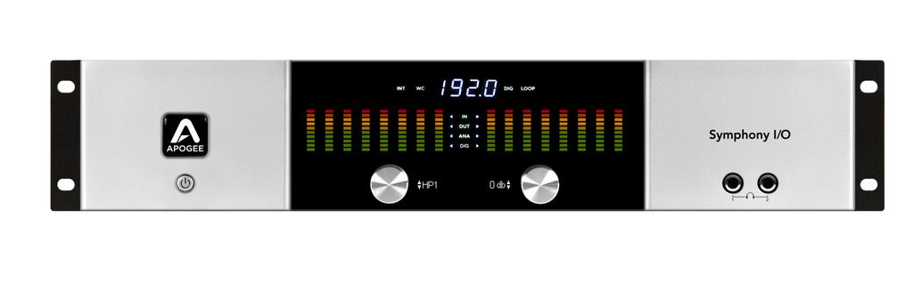 4 5 7 segment sample rate display Back lit Apogee logo 16, 10 segment meters Clock source indication Removable rack ears Front Panel Tour The front panel of Symphony I/O is elegant and intuitive in