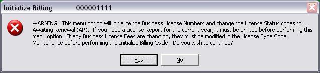 From the Business License System Main Menu, click Support > Initialize Billing Cycle.