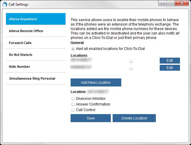 10. Call Settings Alteva Mobility supports the following service management features allowing supplementary services to be managed using the Call Settings window: Alteva Anywhere Alteva Remote Office