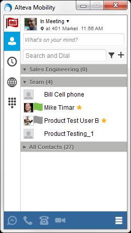 2.5. Main Window When you start Alteva Mobility for the first time, your Contacts list is empty. Use the search field to find people and add them to your Contacts list.
