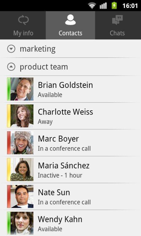 Lync 2013 for Android phone experience Presence and IM New UI, photo, status, presence Corporate directory search Lync Meetings Join Lync Meetings with a single