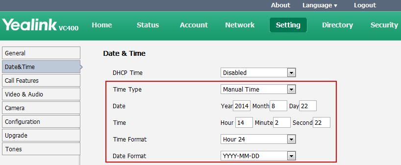 To configure the time and date manually via the web user interface: 1. Click on Setting-> Date& Time. 2. Select Manual Time from the pull-down list of Time Type.