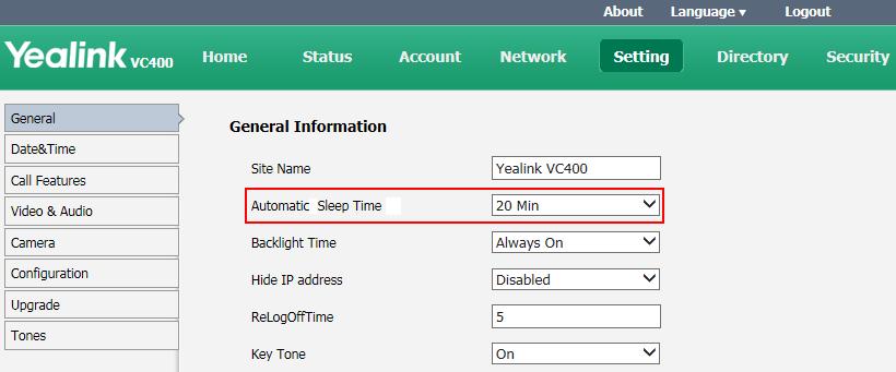 Administrator s Guide for Yealink Video Conferencing Systems 2. Select desired value from the pull-down list of Automatic Sleep Time. 3. Click Confirm to accept the change.
