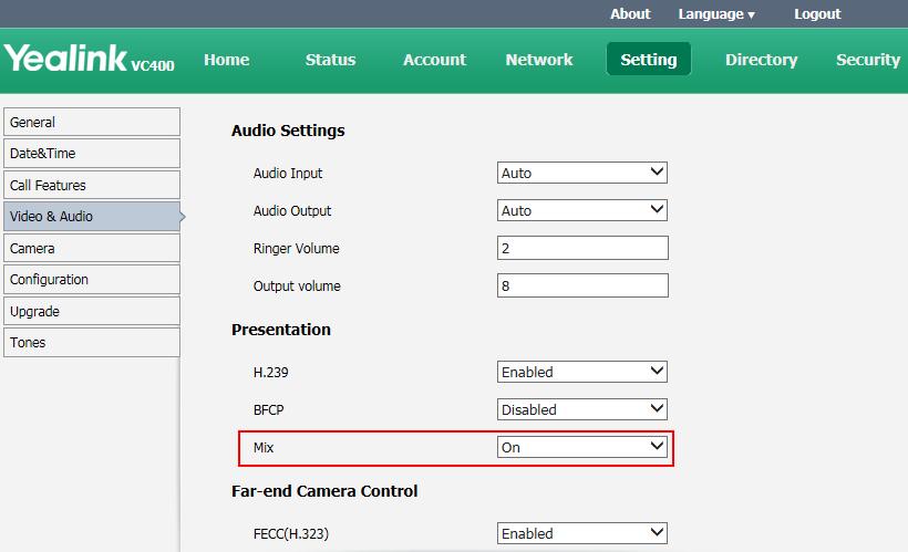 Configuring System Settings 2. In the Presentation block, select the desired value from the pull-down list of Mix. 3. Click Confirm to accept the change.