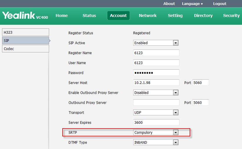 For more information on TLS, refer to Transport Layer Security on page 134. To configure SRTP via the web user interface: 1. Click on Account->SIP. 2.