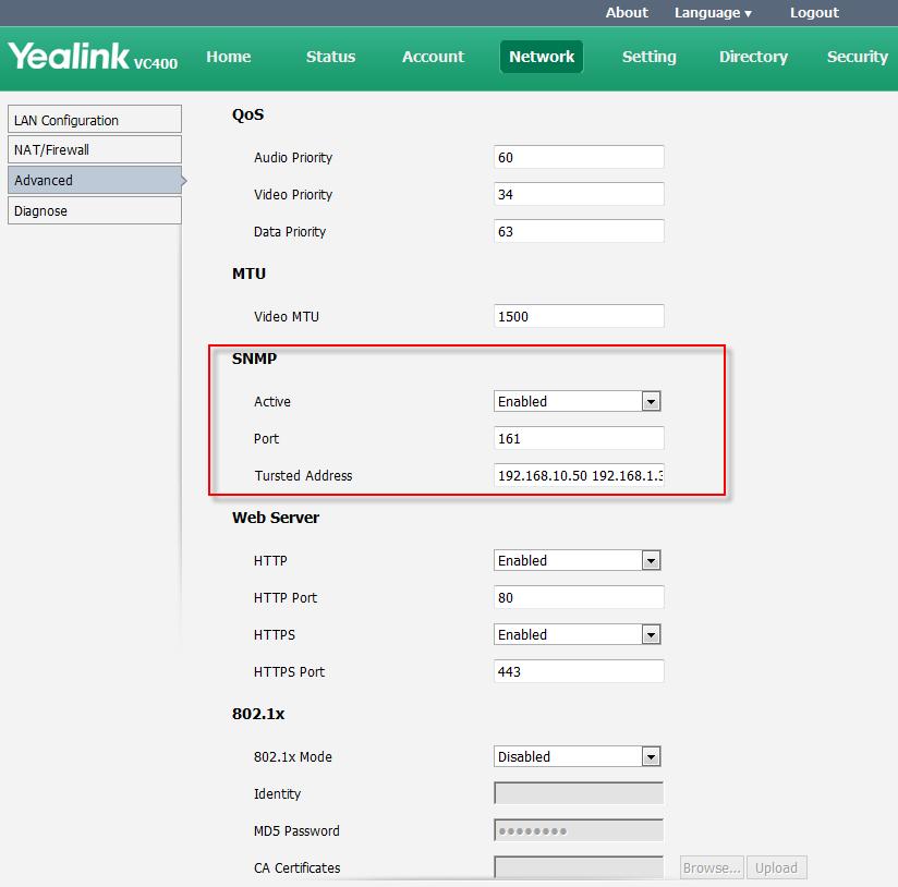 Administrator s Guide for Yealink Video Conferencing Systems Parameter Description Configuration Method If you change this parameter, the system will reboot to implement the changes.
