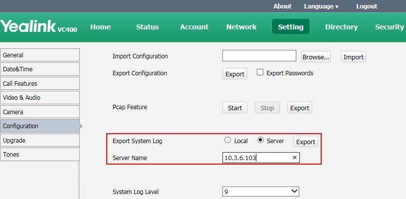 Mark the Server radio box in the Export System Log field. 3.