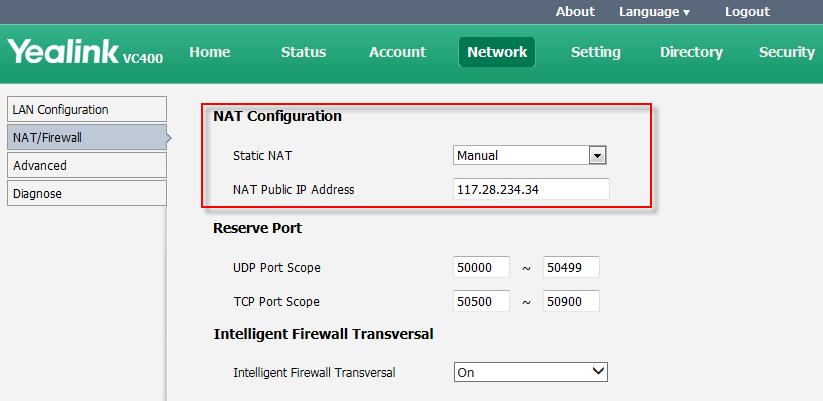 Configuring Network To configure NAT via the web user interface: 1. Click on Network->NAT/Firewall. 2. Select the desired value from the pull-down list of Static NAT. 3.