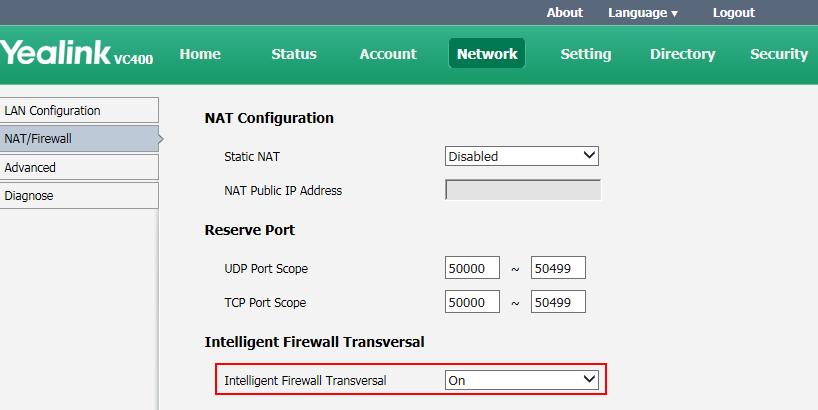 Configuring Network The intelligent firewall transversal parameter is described below: Parameter Description Configuration Method Intelligent Firewall Transversal Enables or disables the intelligent