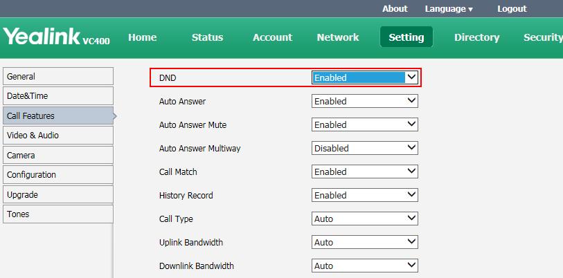 Administrator s Guide for Yealink Video Conferencing Systems To configure call type via the remote control: 1. Select Menu->Call Features ->Call Type. 2.