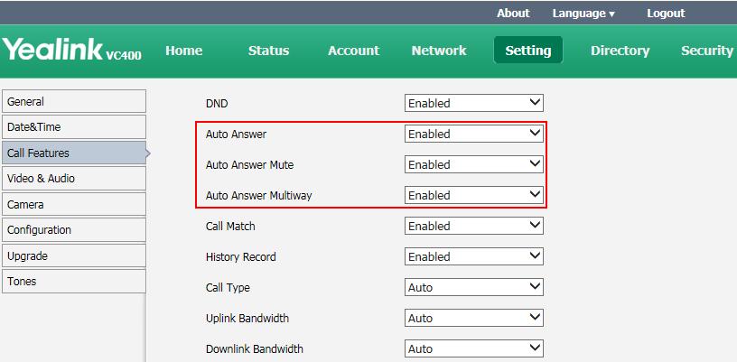 Select the desired value from the pull-down list of Auto Answer Multiway. 5. Click Confirm to accept the change. If Enabled is selected, the display device will display the VCP40 phone will display.