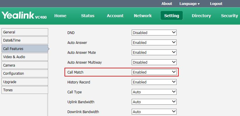 Default: Enabled Remote Control To configure call match via the web user interface: 1. Click on Setting->Call Features. 2. Select the desired value from the pull-down list of Call Match. 3.
