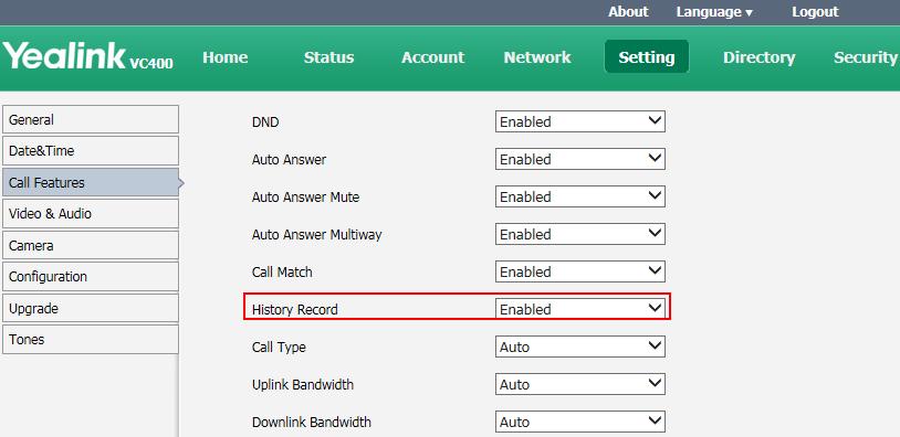 Select the desired value from the pull-down list of History Record. 3. Click Confirm to accept the change. To configure save call hisotry via the remote control: 1. Select Menu->Call Features. 2.