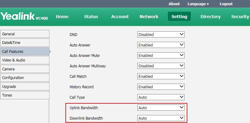 Configuring Call Preferences Bandwidth settings parameters on the system are described below: Parameter Description Configuration Method Uplink Bandwidth Downlink Bandwidth Specifies the maximum