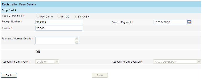 Click the NEXT button, the Registration Fees Details screen appears.