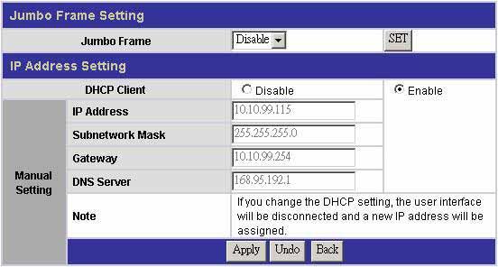 The IP Address Setting contains parameters of the device network setting. To modify, fill in each blanks and click Apply to execute.