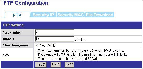 Option The Option page allows users to: 1. Configure FTP settings. 2. Ensure the device security by IP and MAC filter. 3. Download files with this device.