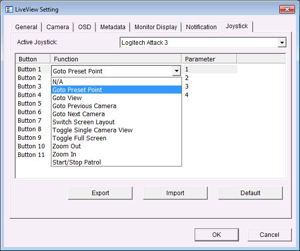 Parameter: Choose the preset point from the drop-down menu. Default: Click to back to default setting.