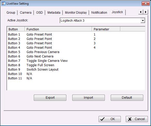 5.2.10 Set up Joystick Control 1. Startup > NVR > Remote Live Viewer. 2. Click the General Setting button. 3. Click the Joystick tab.