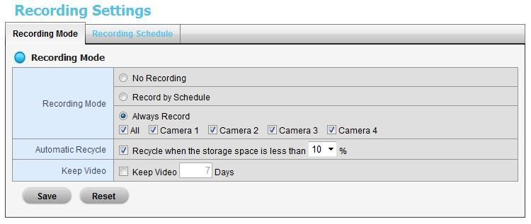 No Recording: Turn off the recording. Recording by Schedule: Recording by schedule. Always Record: Permanently turn on the chosen cameras.