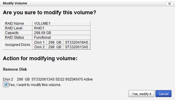 7. Modifying RAID volume takes a while, depending on the size of disks you choose.