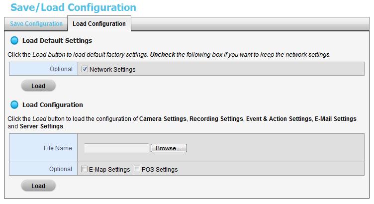 2. Click the Load Configuration tab. 3. Follow the direction to Load Default Settings or Load Configuration.