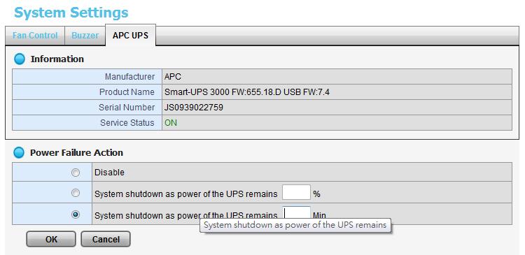 Disable: Run until the UPS battery is depleted System shutdown as power of the UPS remains %: Run until the UPS battery remains this percentage. System shutdown as power of the UPS remains min.