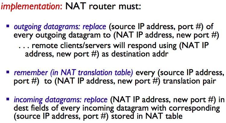 16-bit port-number field, thus supports up to 60k connections with single LAN-side address. NAT is CONTROVERSIAL! routers should only support up to layer-3, thus violates end-to-end argument.