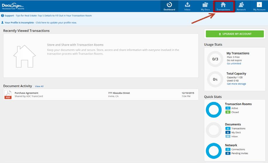 3 DOCUSIGN TRANSACTION ROOMS Step 4 After you create your free account, you will