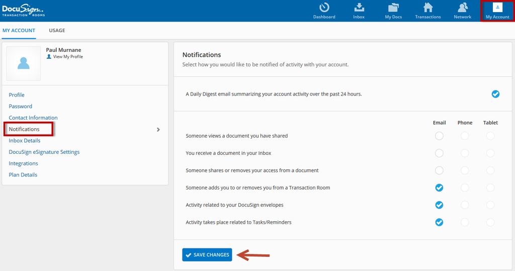 5 DOCUSIGN TRANSACTION ROOMS Step 11 Manage Email Notifications To manage the number