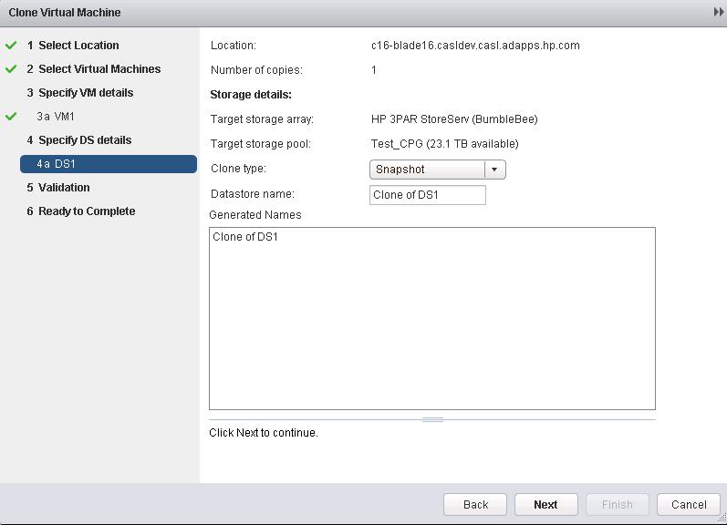 9. Select a customization specification (if any are available) in Customization Specification. For more information, see the VMware documentation in the VMware vcenter Server at http://www.vmware.