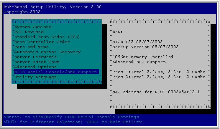 Figure 2-1: RBSU main menu Terminal Emulation Support BIOS Serial Console supports ANSI and VT100 terminal emulation.