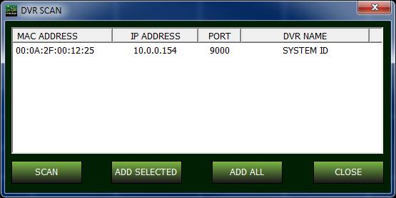 DVR SCAN: scan the local network and show the detected DVRs in the list.