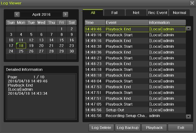 2-10-3 Backup in Log Mode [Figure 2-30. Backup in Log Mode] 1 2 3 Select a date in {Menu} -> {Miscellaneous} -> {Log Viewer} and select a log related to the data to be backed up.