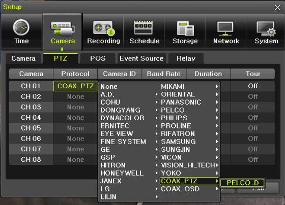 3-2-3PTZ Coax(UTC) Control OSD setup change is available with the connected camera.