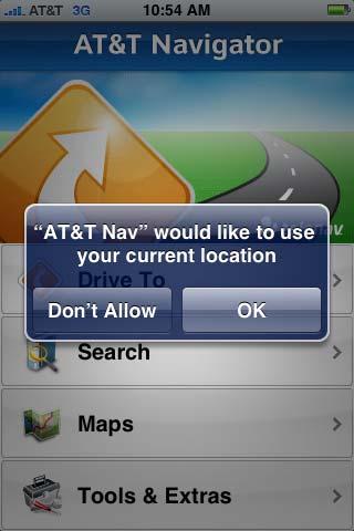 AT&T Navigator may ask if your current location can be used for map and navigation purposes.