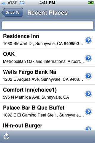 Recent Places AT&T Navigator automatically keeps a list of all of the places that you have found when using any of the Drive To functions.