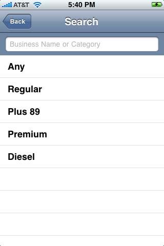 3. Choose Any to search all categories, or choose a fuel