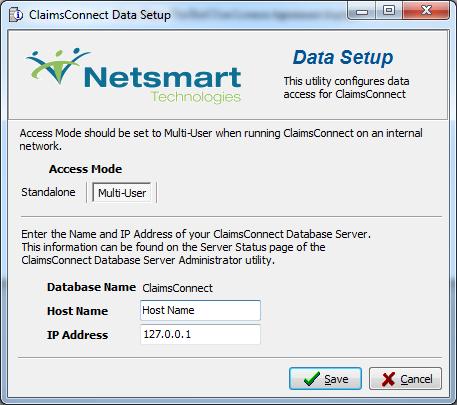 To change the ClaimsConnect Data Setup, complete the following steps. 1 Start Programs ClaimsConnect ClaimsConnect Data Setup. 2 Under Access Mode click Mult-User.