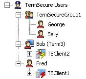 TermSecure User Tree The TermSecure User branch expands to show TermSecure User Groups. A Two-headed icon represents a TermSecure User Group. This can be expanded to show member TermSecure Users.