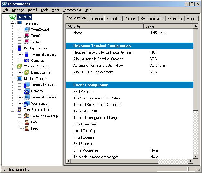 ThinManager Server Tabs Terminal Group Detail Tabs Highlighting a Group will show: Configuration - These are the configuration parameters set in the Group Configuration Wizard and include Terminal