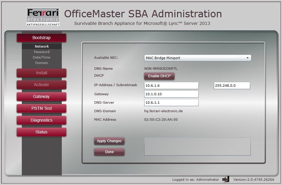 Page 8 OfficeMaster SBA Manual Ferrari electronic AG Click Apply Changes, close and restart your browser and re-login, using the newly assigned IP Address, then press "Done".