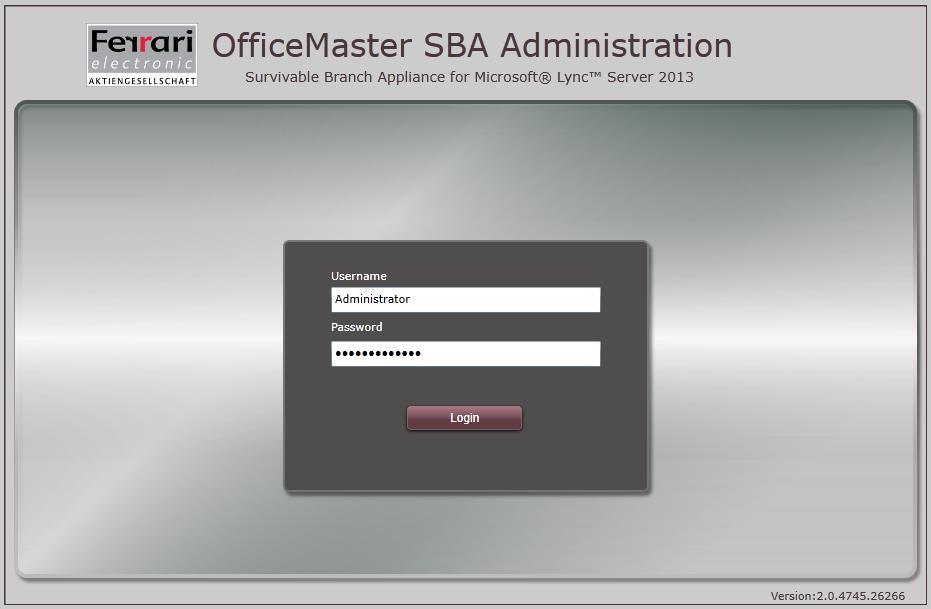 Ferrari electronic AG OfficeMaster SBA Manual Page 7 Enter Administrator as User Name and OfficeMaster! as Password (this password will be changed in a later step).