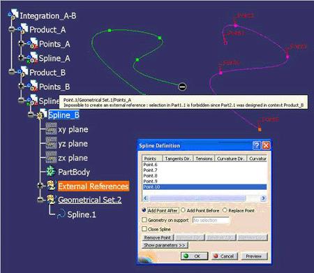 Figure 10: The spline example: Spline_B's context does not allow to import with link elements from Points_A In order to enable