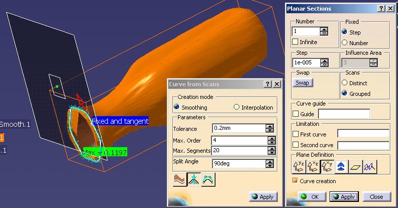5 Select the tessellated part, then Insert Scan creation Planar sections In the Planar Sections window: Number = 1 Curve creation tab (at bottom) ON (this will open the Curves from Scans window)