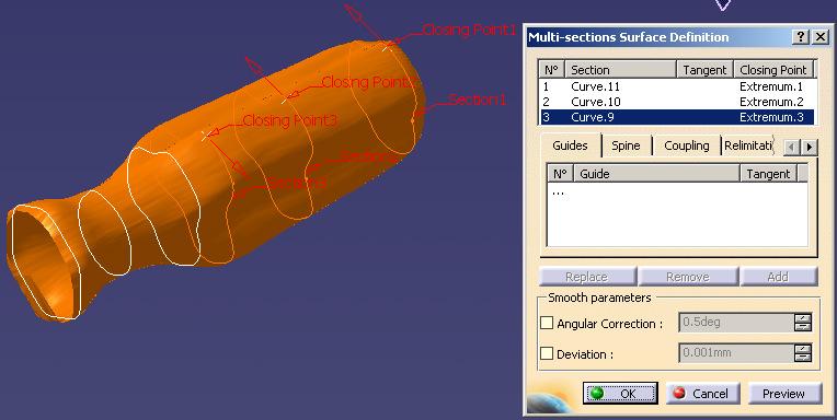 7 In the Multi-sections Surface Definition window, click in the top text-area. Then select the curves you want by Left-mouse click on the curve.