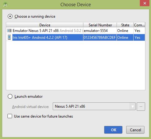activity files and click Run icon from the tool bar. Before starting your application, Android studio will display following window to select an option where you want to run your Android application.
