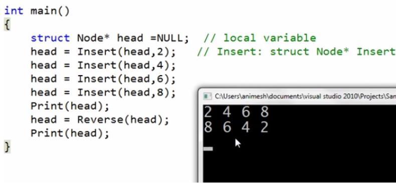 In the main method, head is defined as a local variable.